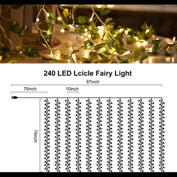 12 Total 240 LED Curtain String Lights Fake Plant, Rattan Hanging Garland - Picture 3 of 6